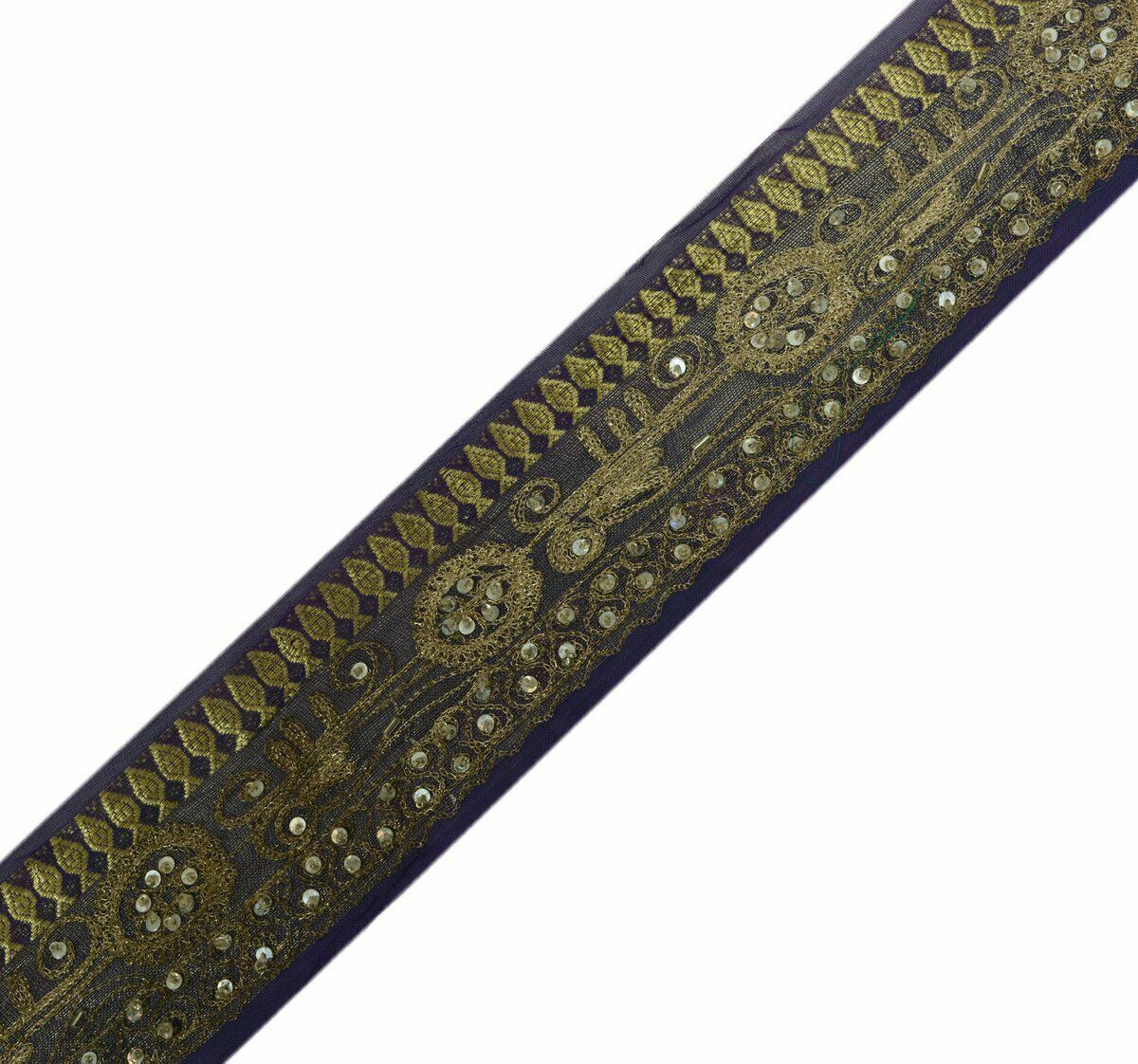 Vtg Saree Border Indian Craft Trim Antique Embroidered Beaded Zari Lace Purple