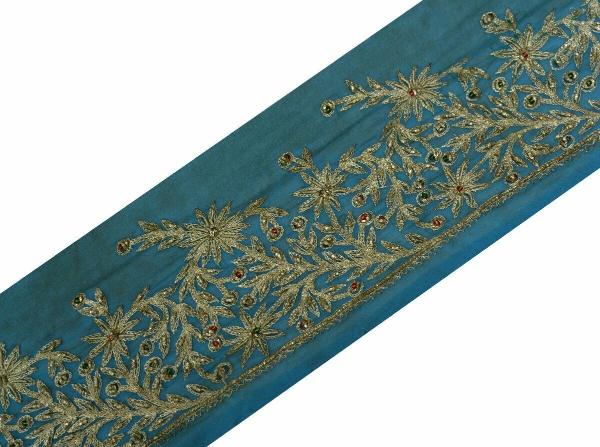 Vtg Saree Border Indian Craft Trim Antique Embroidered Beaded Zari Lace Purple