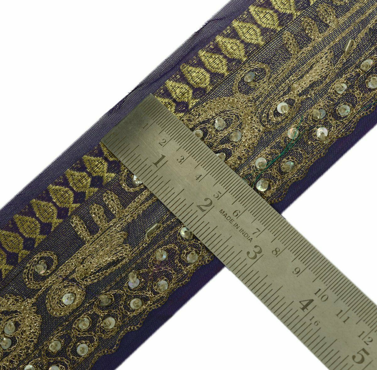 Vtg Saree Border Indian Craft Trim Antique Embroidered Beaded Zari Lace Purple