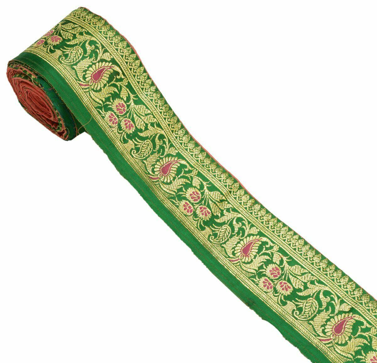 Antique Vintage Woven Zari Brocade Banarasi Saree Border Indian Craft Trim Green