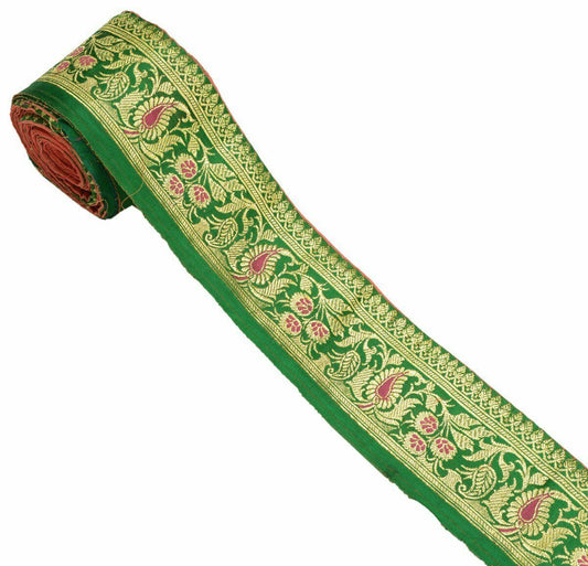 Antique Vintage Woven Zari Brocade Banarasi Saree Border Indian Craft Trim Green