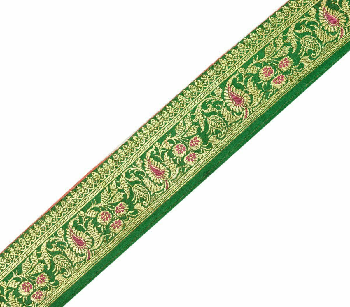 Antique Vintage Woven Zari Brocade Banarasi Saree Border Indian Craft Trim Green