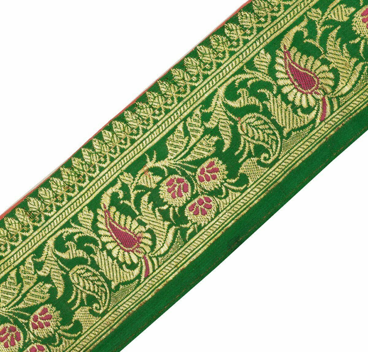 Antique Vintage Woven Zari Brocade Banarasi Saree Border Indian Craft Trim Green