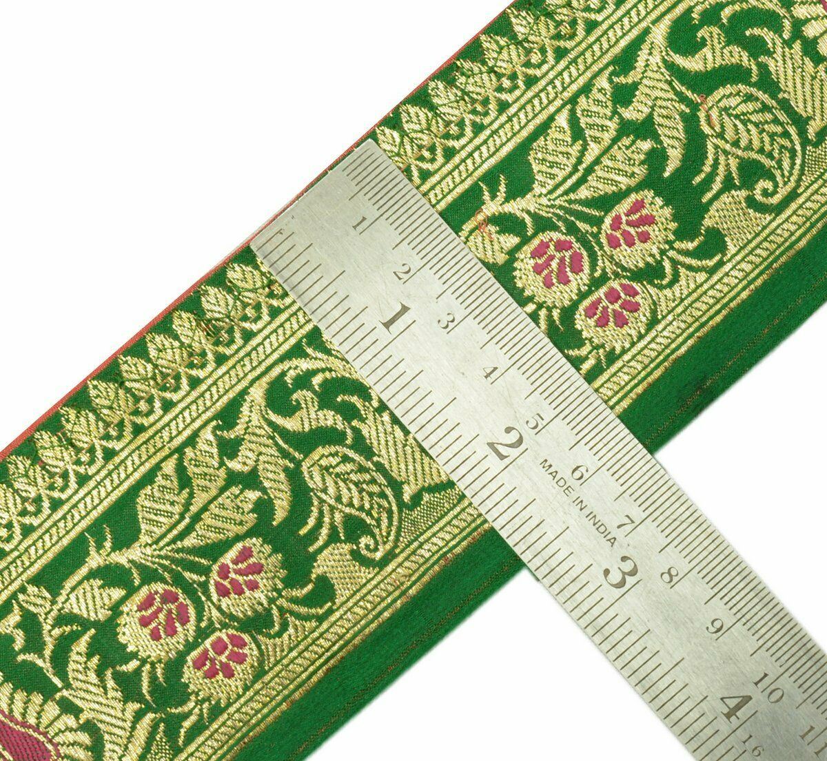Antique Vintage Woven Zari Brocade Banarasi Saree Border Indian Craft Trim Green