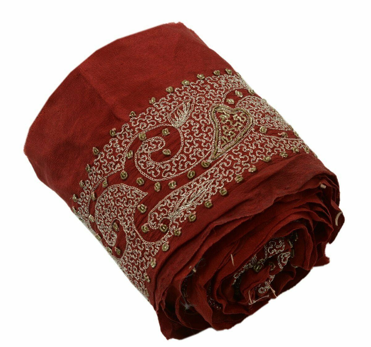 Antique Vtg Saree Border Indian Craft Trim Hand Beaded Embroidered Maroon Lace