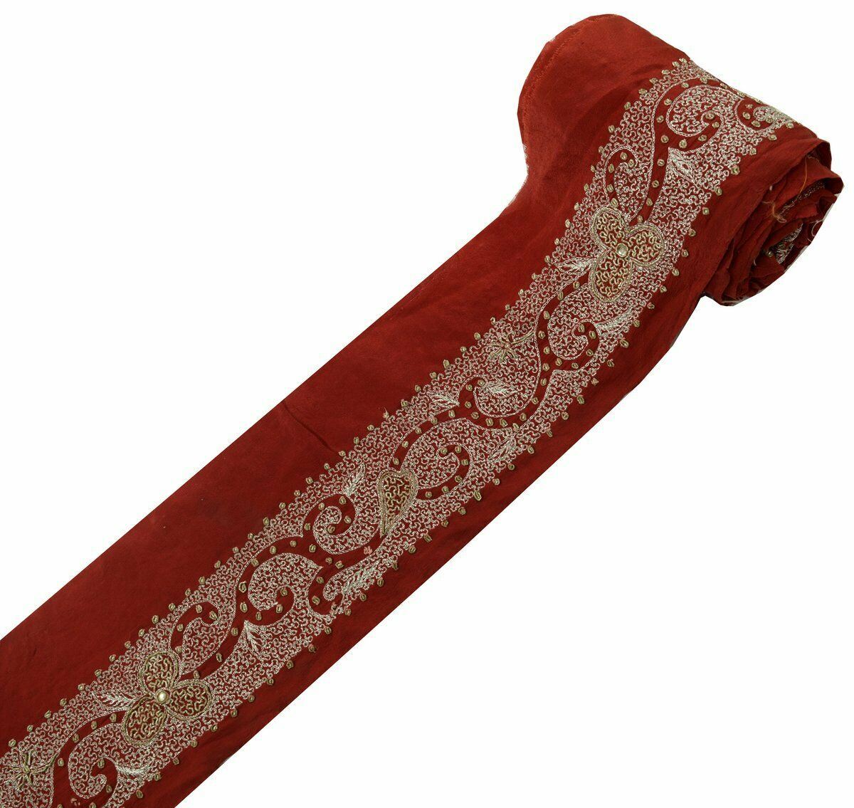 Antique Vtg Saree Border Indian Craft Trim Hand Beaded Embroidered Maroon Lace