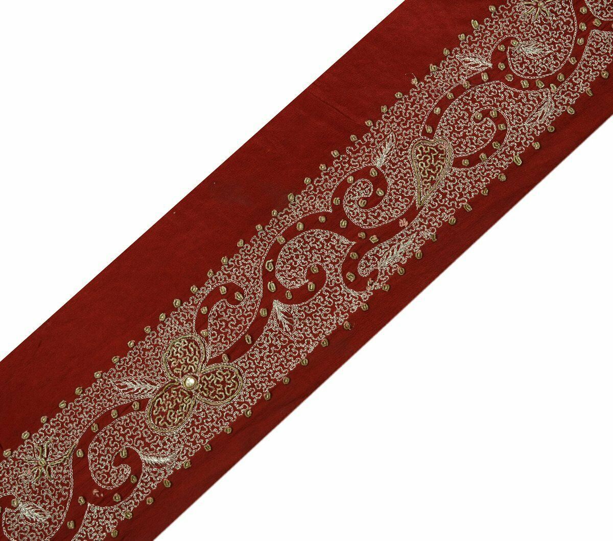 Antique Vtg Saree Border Indian Craft Trim Hand Beaded Embroidered Maroon Lace