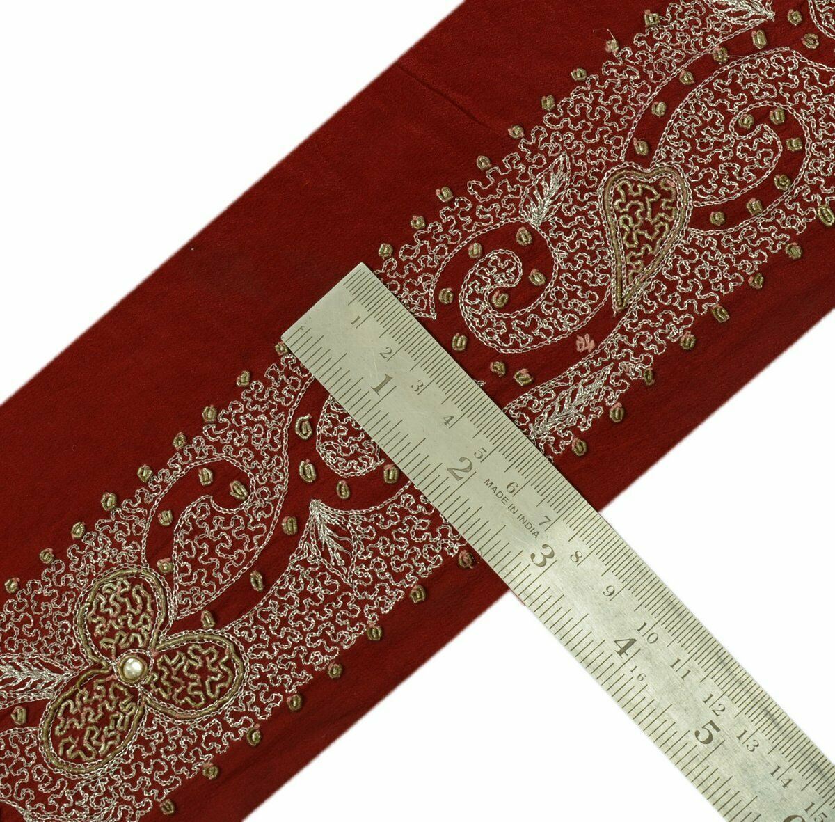 Antique Vtg Saree Border Indian Craft Trim Hand Beaded Embroidered Maroon Lace