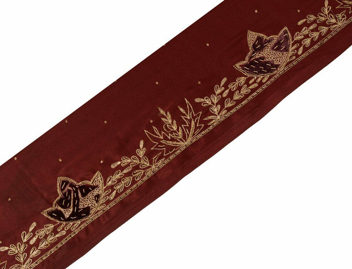 Antique Vtg Saree Border Indian Craft Trim Hand Beaded Embroidered Maroon Lace