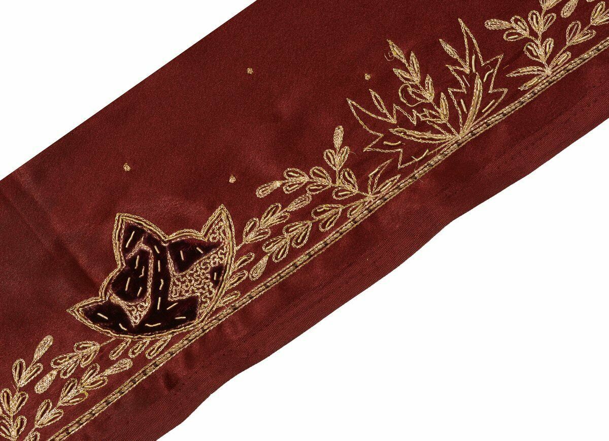 Antique Vtg Saree Border Indian Craft Trim Hand Beaded Embroidered Maroon Lace