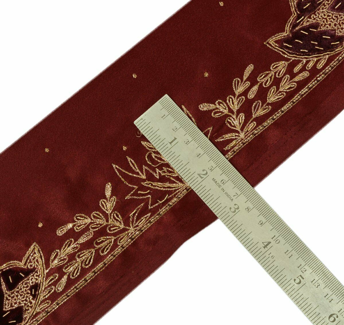 Antique Vtg Saree Border Indian Craft Trim Hand Beaded Embroidered Maroon Lace