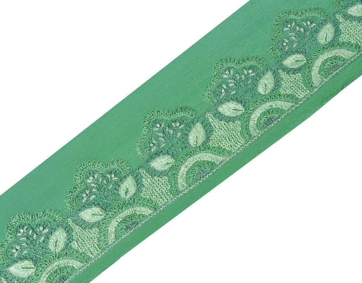 Antique Vintage Saree Border Indian Craft Trim Hand Embroidered Green Ribbon