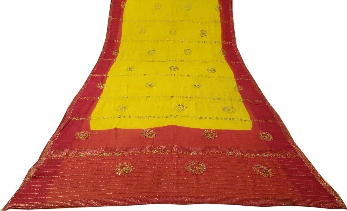 Vintage Saree Hand Beaded Embroidered Scrap Georgette Fabric for Craft Green
