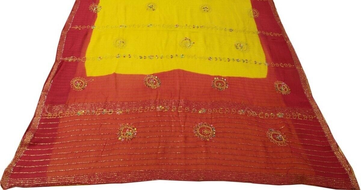 Vintage Saree Hand Beaded Embroidered Scrap Georgette Fabric for Craft Green