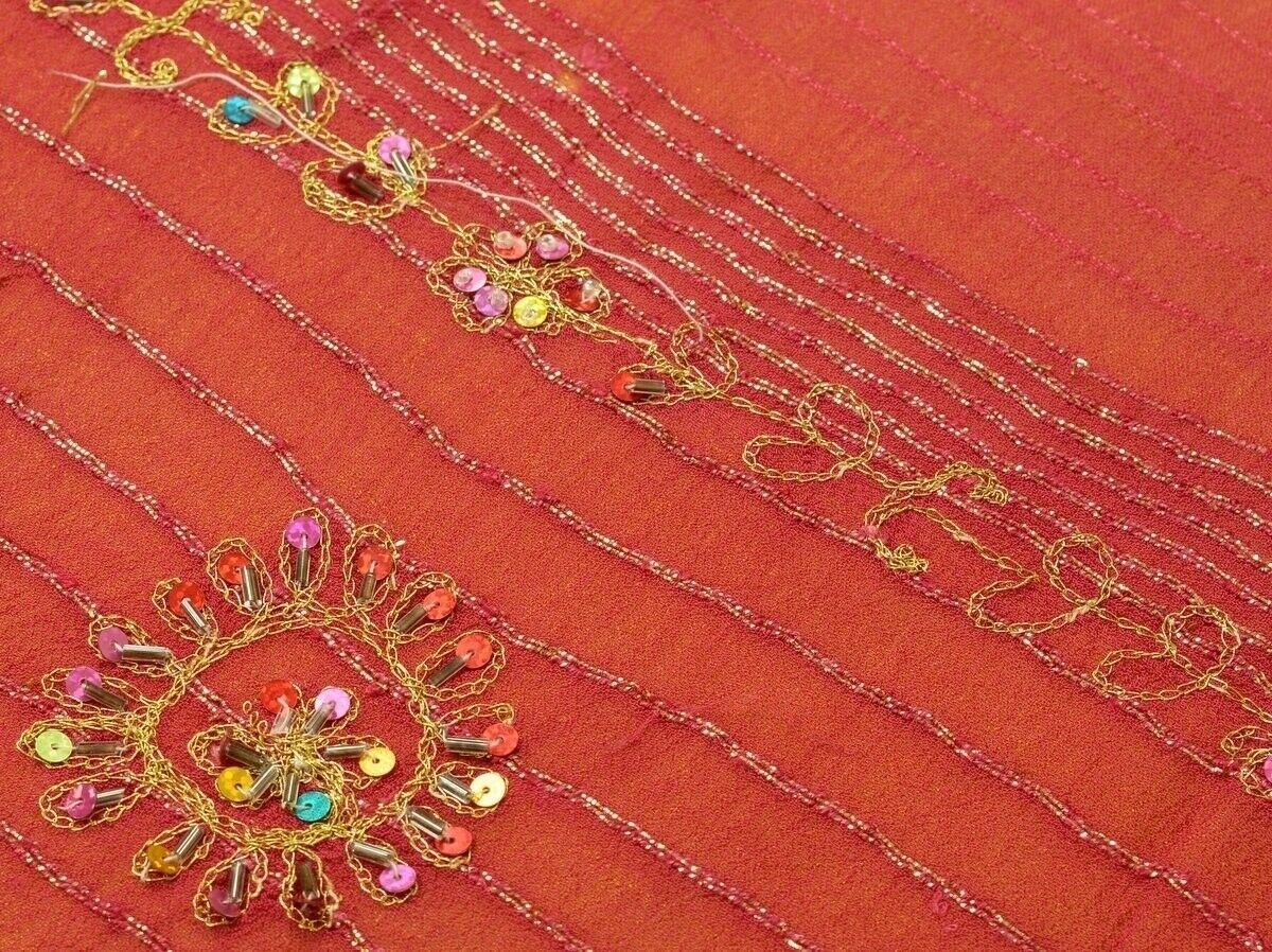 Vintage Saree Hand Beaded Embroidered Scrap Georgette Fabric for Craft Green