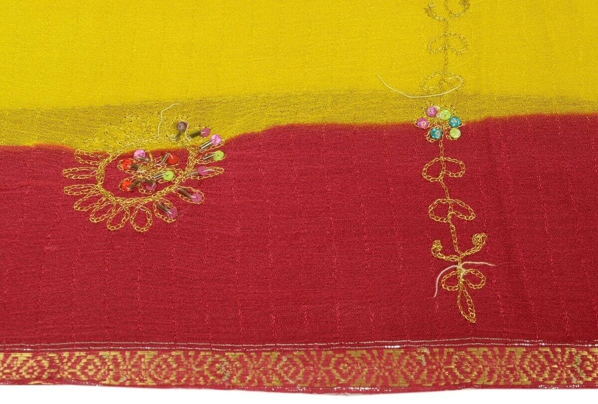 Vintage Saree Hand Beaded Embroidered Scrap Georgette Fabric for Craft Green