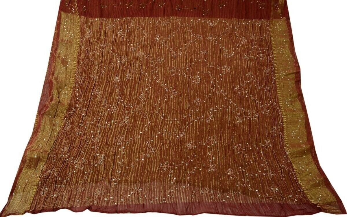 Vintage Saree 100% Pure Georgette Silk Embroidered Scrap Fabric for Craft Green