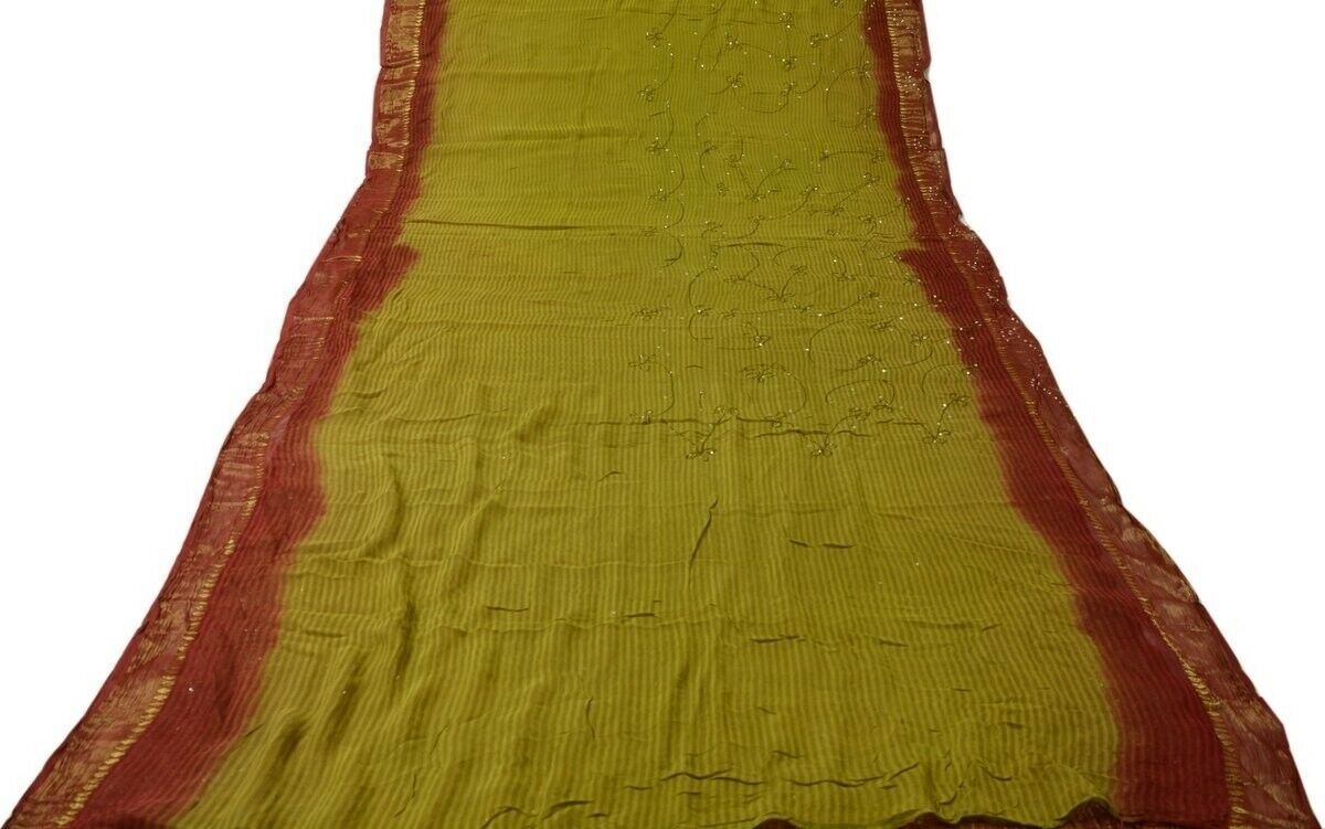 Vintage Saree 100% Pure Georgette Silk Embroidered Scrap Fabric for Craft Green