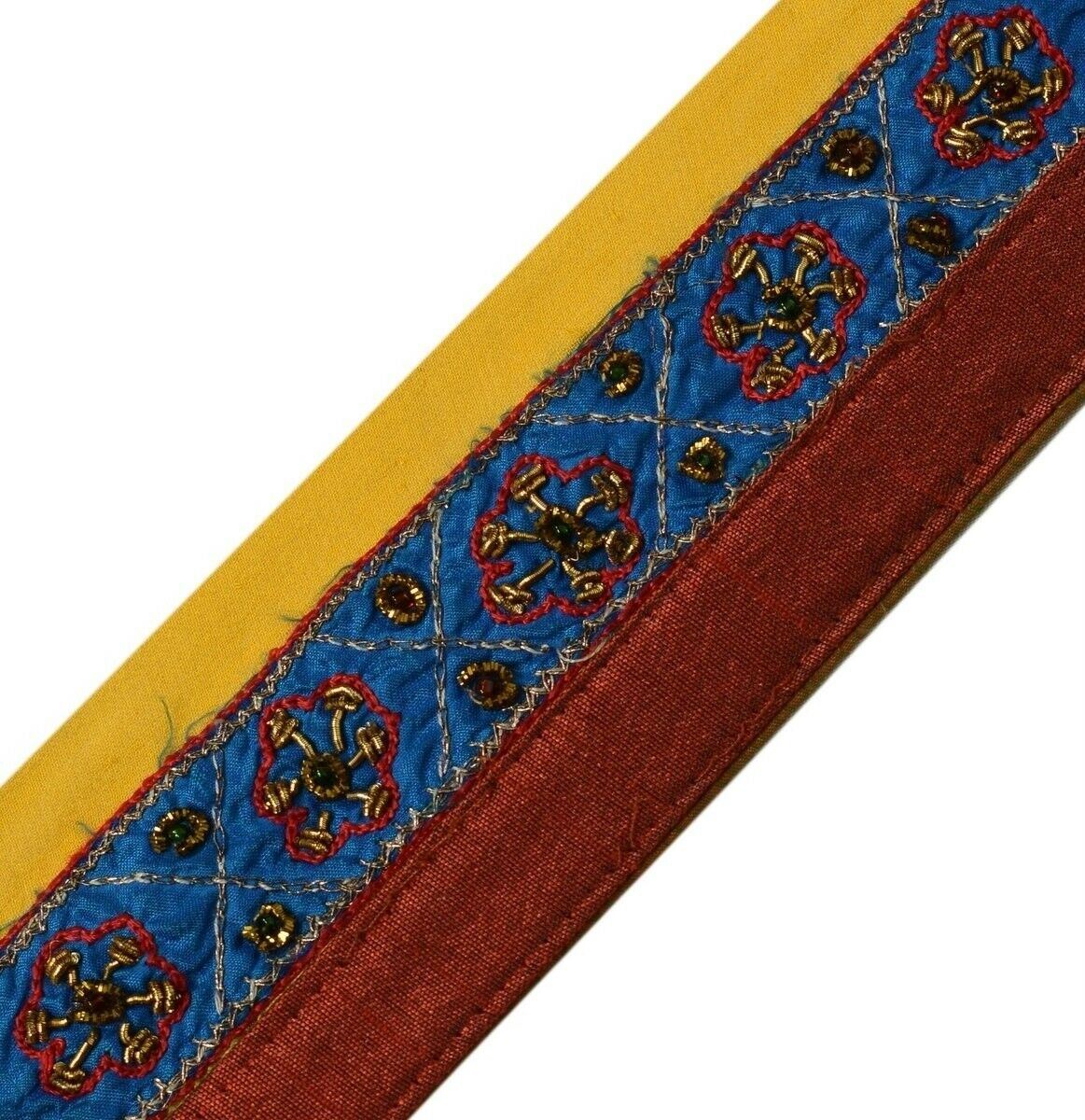 Vintage Sari Border Indian Craft Trim Beaded Embroidered Ribbon Lace Blue Maroon
