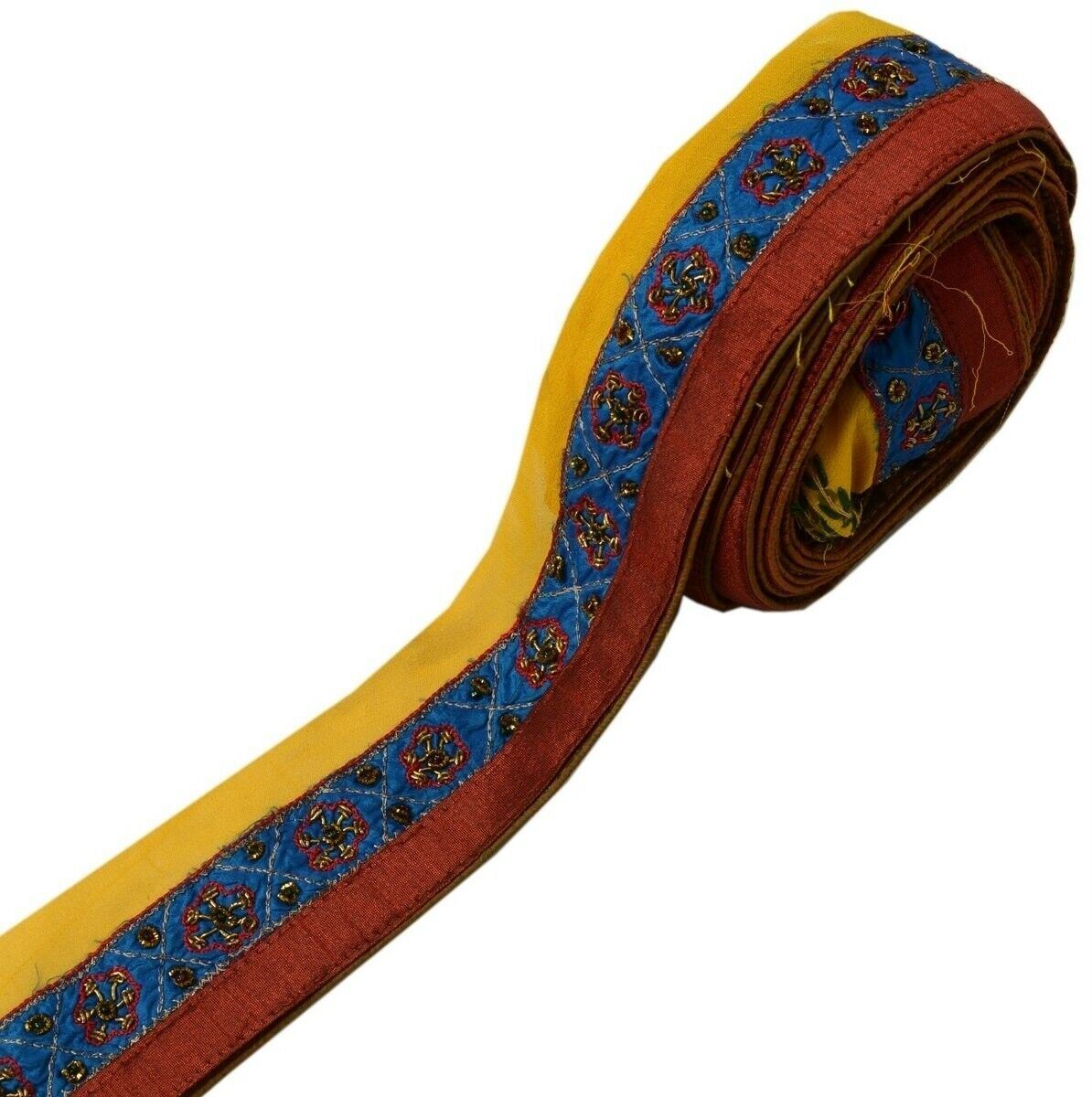 Vintage Sari Border Indian Craft Trim Beaded Embroidered Ribbon Lace Blue Maroon