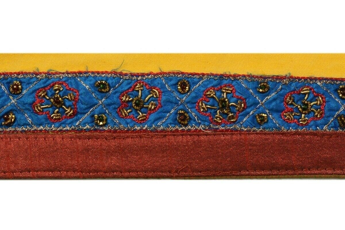 Vintage Sari Border Indian Craft Trim Beaded Embroidered Ribbon Lace Blue Maroon