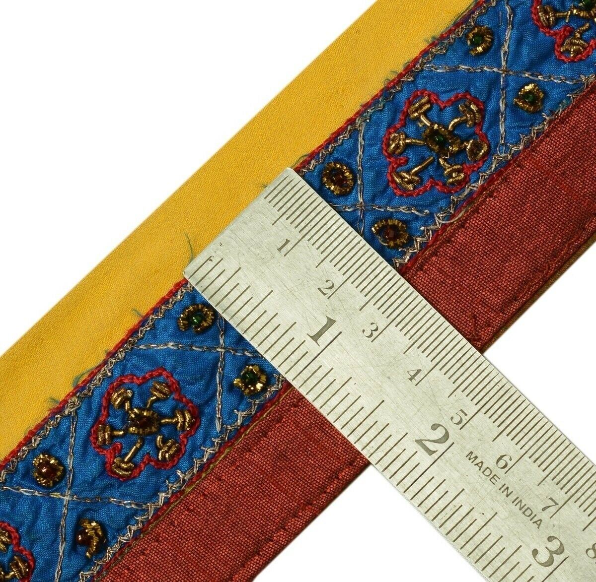 Vintage Sari Border Indian Craft Trim Beaded Embroidered Ribbon Lace Blue Maroon