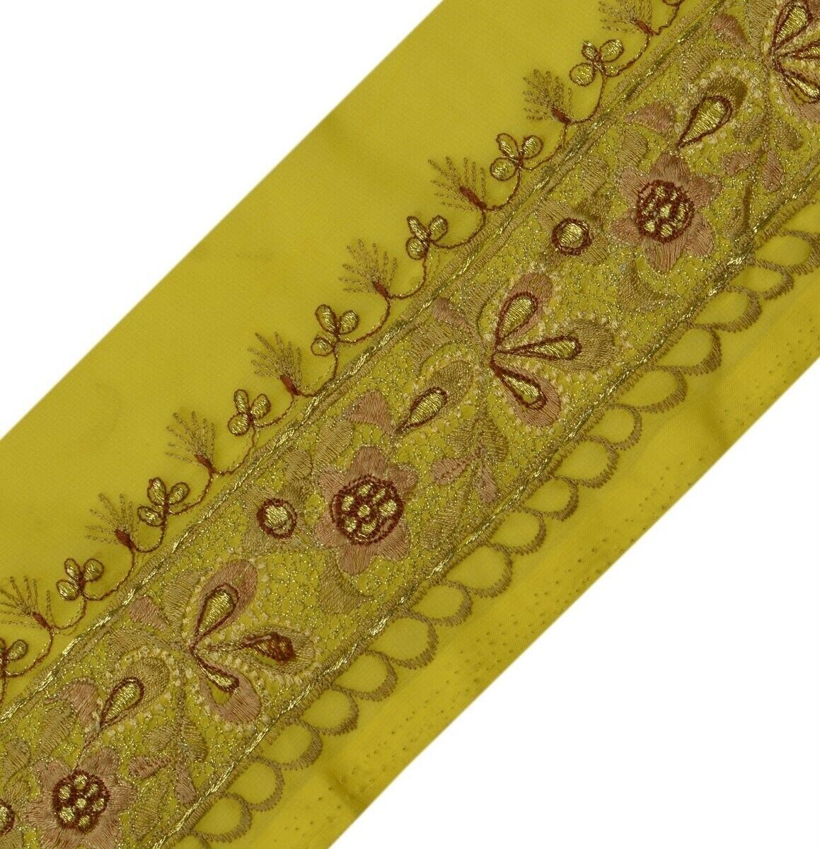 Vintage Sari Border Indian Craft Trim Embroidered Yellow Sewing Ribbon Lace