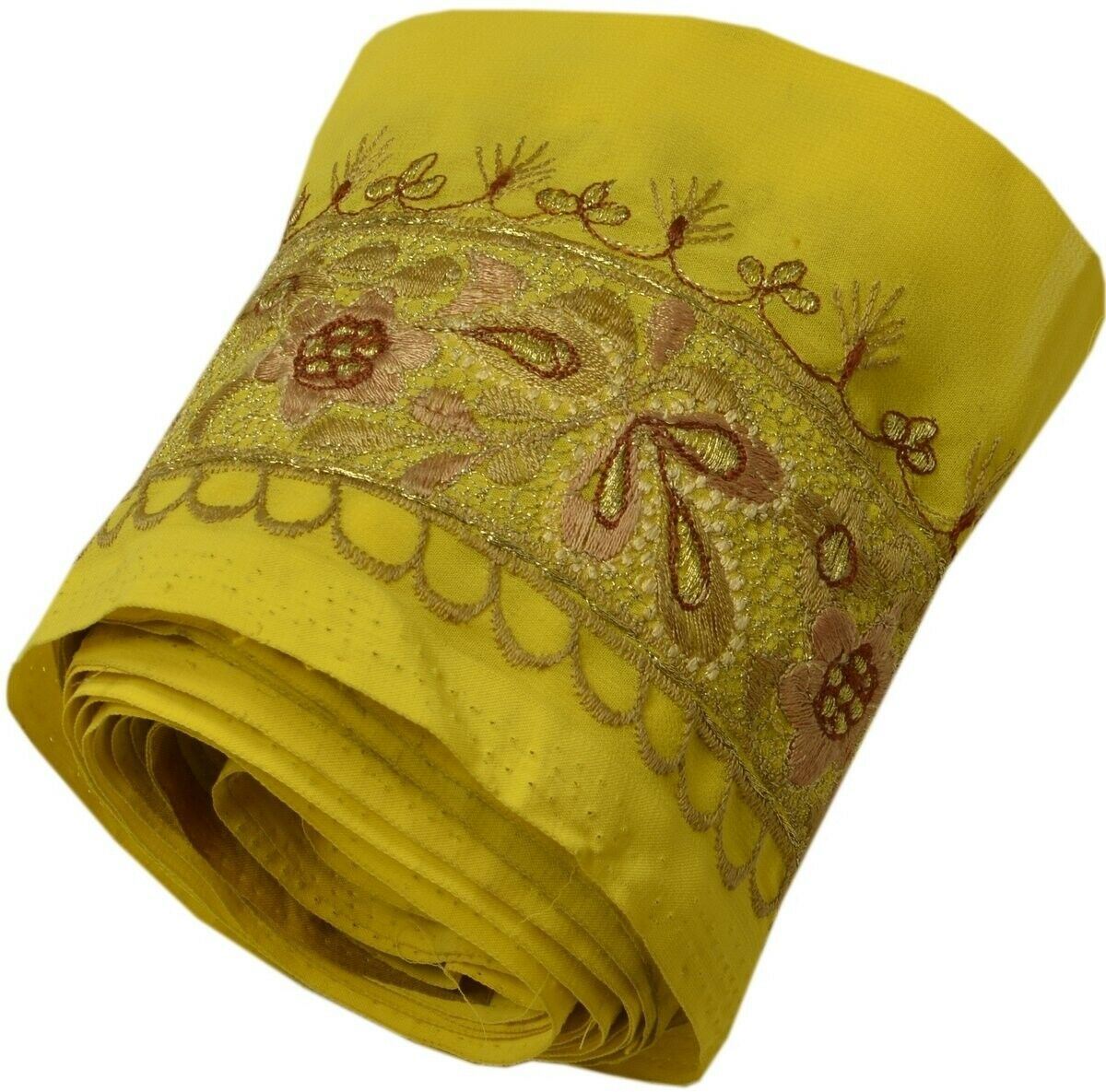 Vintage Sari Border Indian Craft Trim Embroidered Yellow Sewing Ribbon Lace