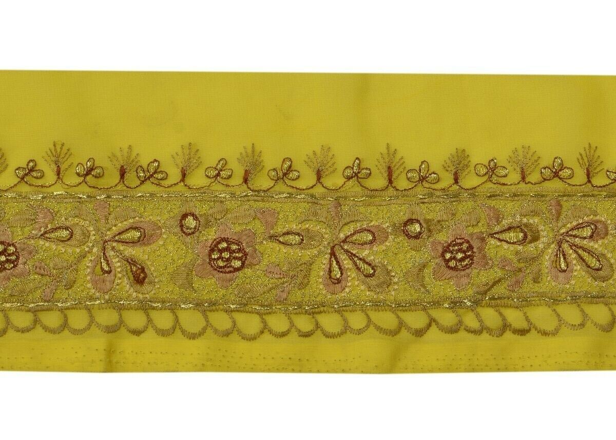 Vintage Sari Border Indian Craft Trim Embroidered Yellow Sewing Ribbon Lace