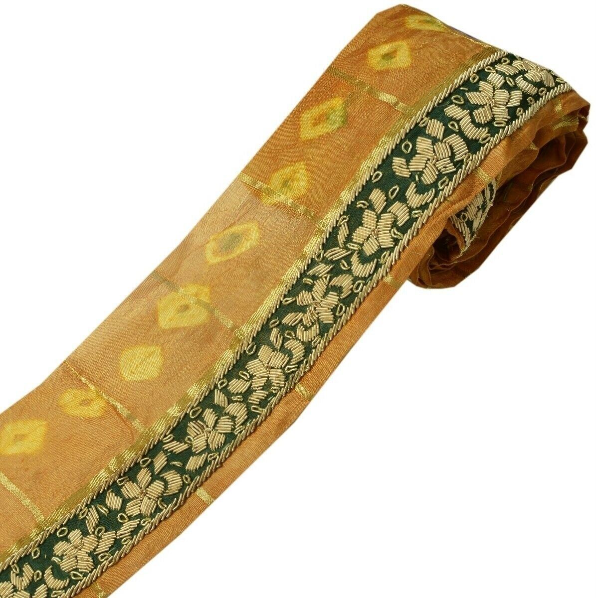 Vintage Sari Border Indian Craft Trim Hand Beaded Zardozi Green Ribbon Lace