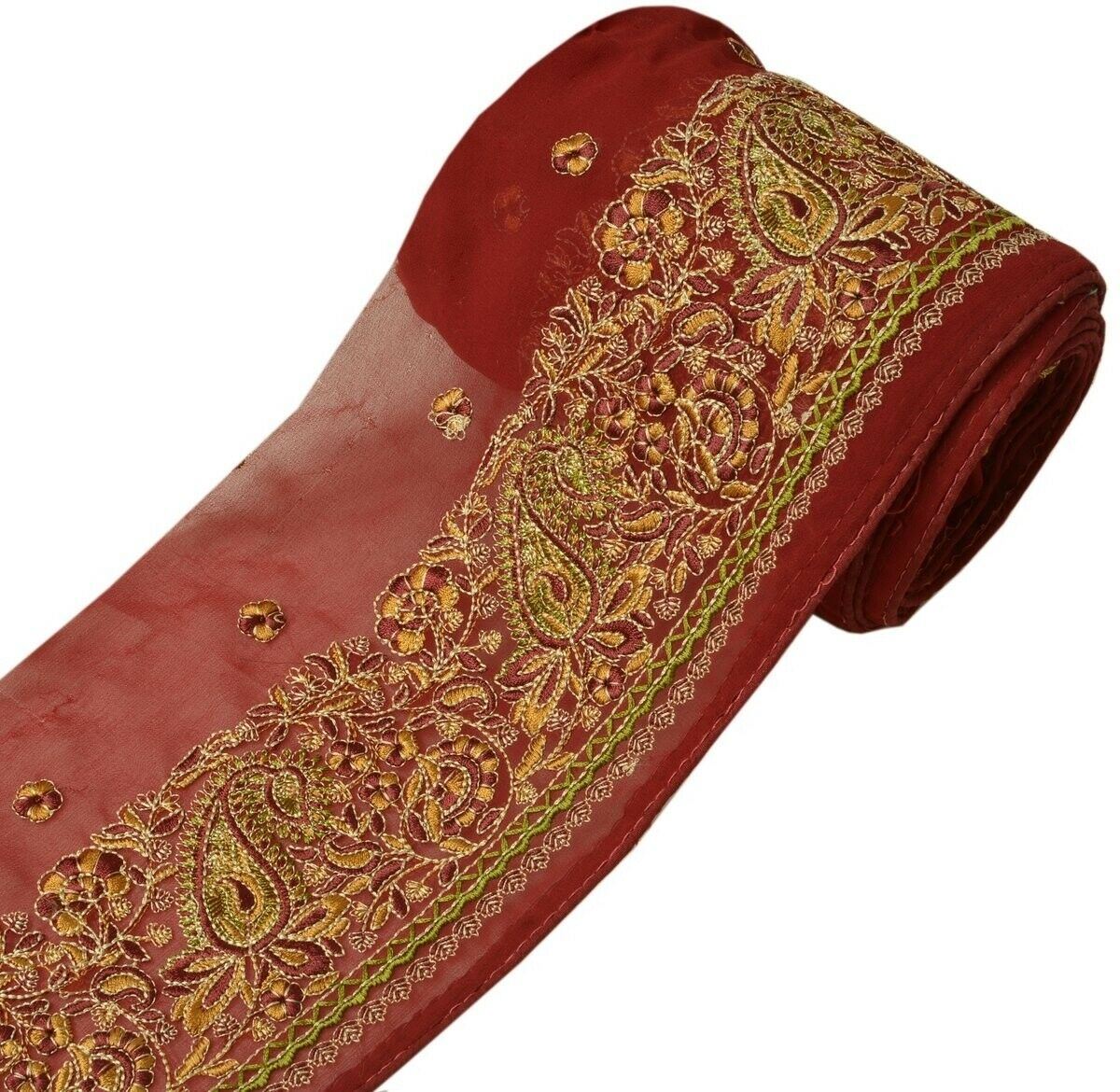 Vintage Sari Border Indian Craft Trim Embroidered Maroon Sewing Ribbon Lace