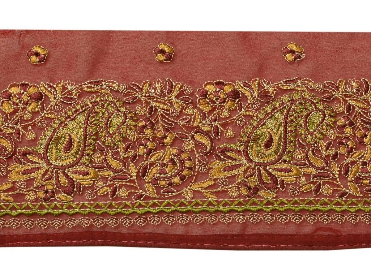 Vintage Sari Border Indian Craft Trim Embroidered Maroon Sewing Ribbon Lace