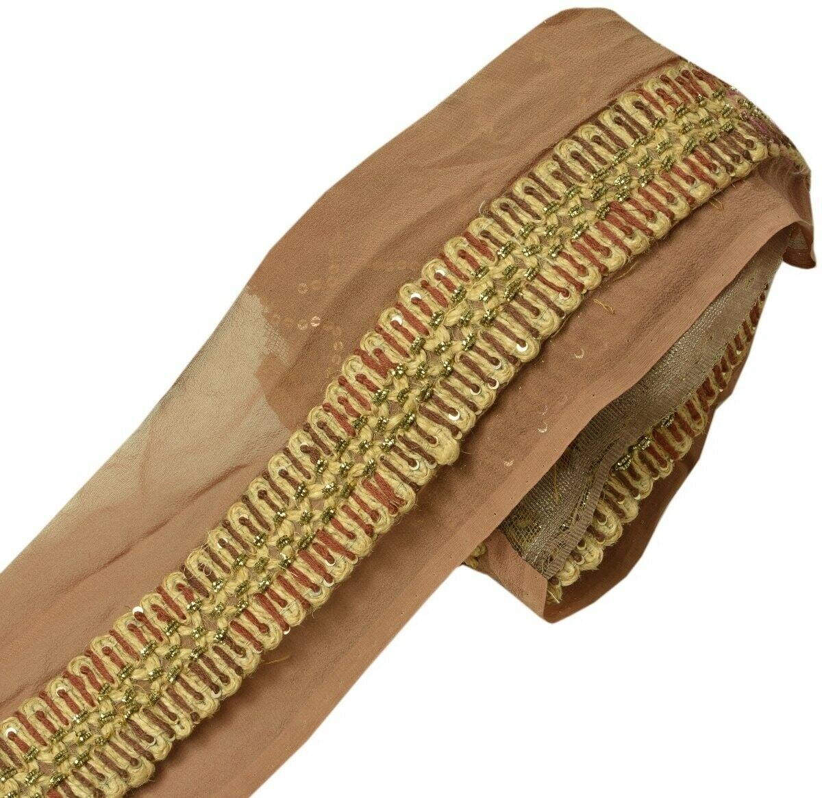 Vintage Sari Border Indian Craft Trim Hand Beaded Embroidered Ribbon Lace Brown