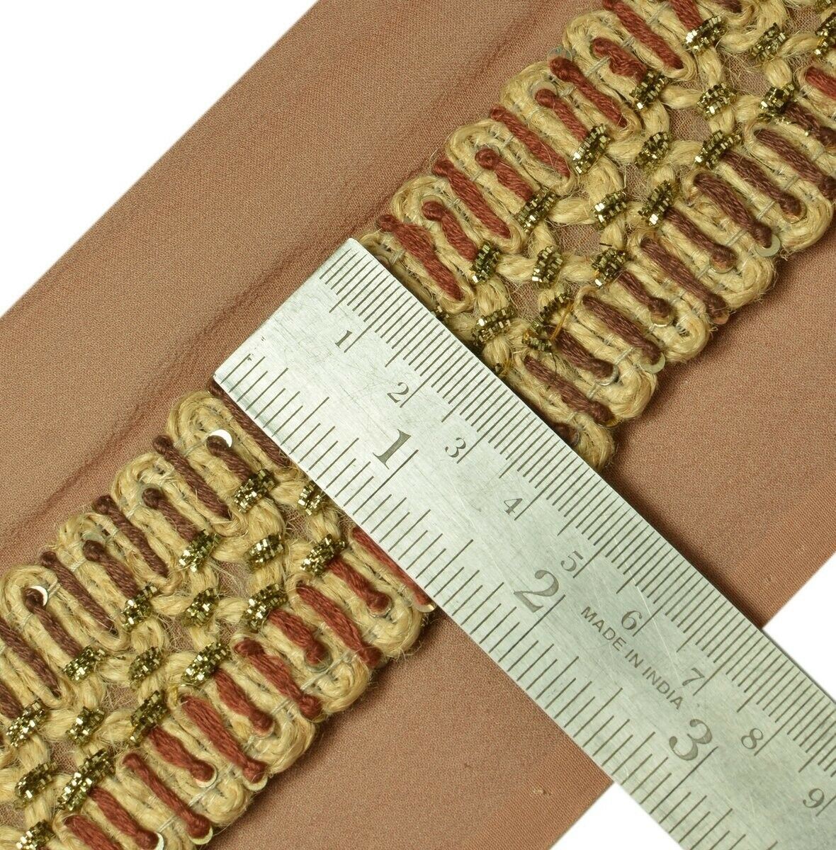 Vintage Sari Border Indian Craft Trim Hand Beaded Embroidered Ribbon Lace Brown