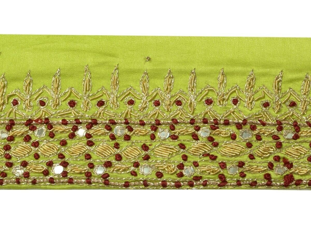 Vintage Sari Border Indian Craft Trim Hand Beaded Embroidered Ribbon Lace Green