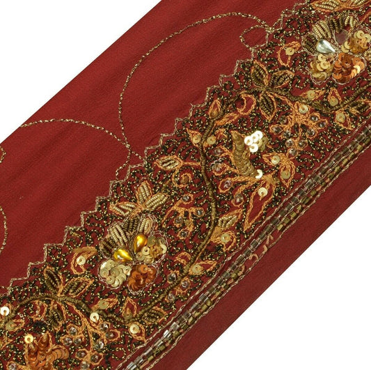 Vintage Sari Border Indian Craft Trim Hand Beaded Embroidered Ribbon Lace Maroon