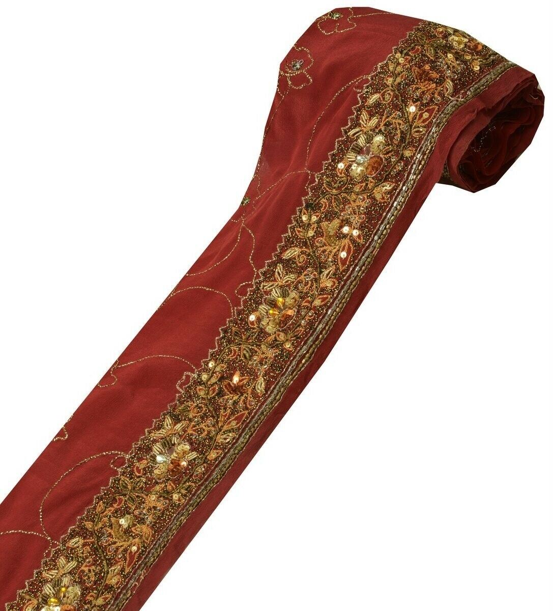 Vintage Sari Border Indian Craft Trim Hand Beaded Embroidered Ribbon Lace Maroon