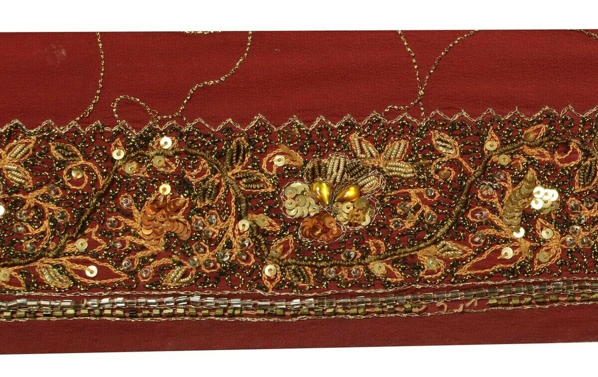 Vintage Sari Border Indian Craft Trim Hand Beaded Embroidered Ribbon Lace Maroon