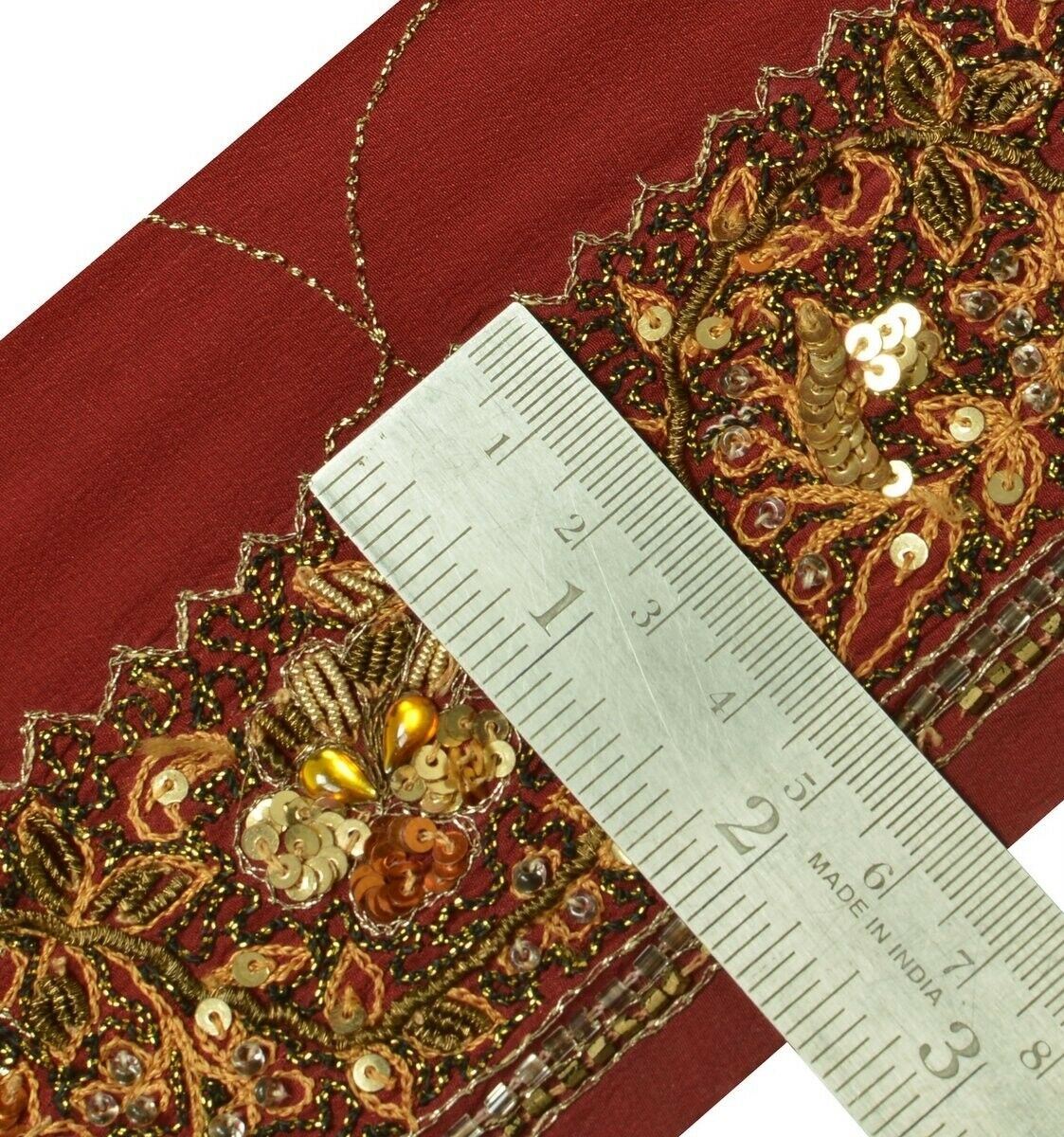 Vintage Sari Border Indian Craft Trim Hand Beaded Embroidered Ribbon Lace Maroon