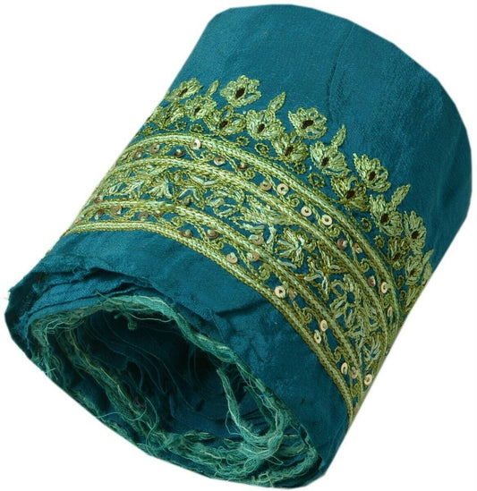 Vintage Sari Border Indian Craft Trim Hand Embroidered Green Sewing Ribbon Lace