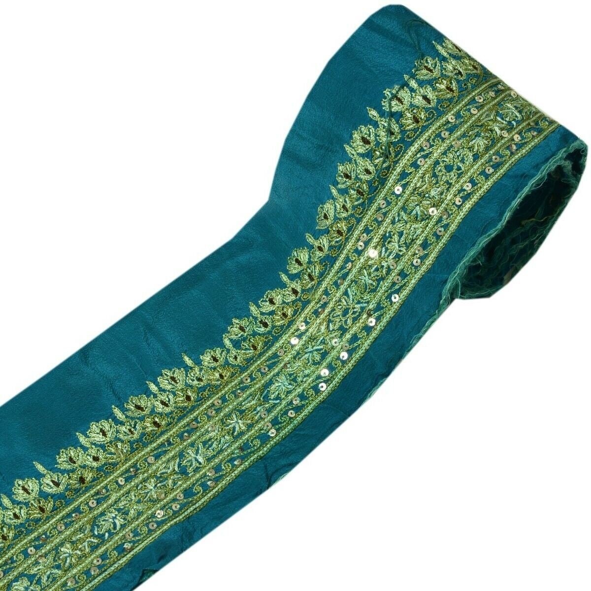 Vintage Sari Border Indian Craft Trim Hand Embroidered Green Sewing Ribbon Lace