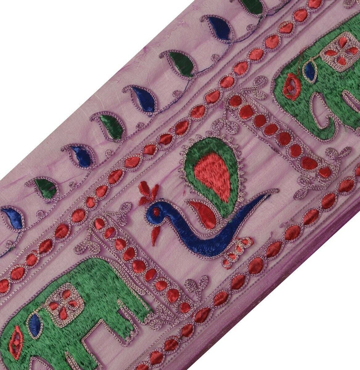 Vintage Sari Border Indian Craft Trim Peacock elephant Embroidered Lace Purple