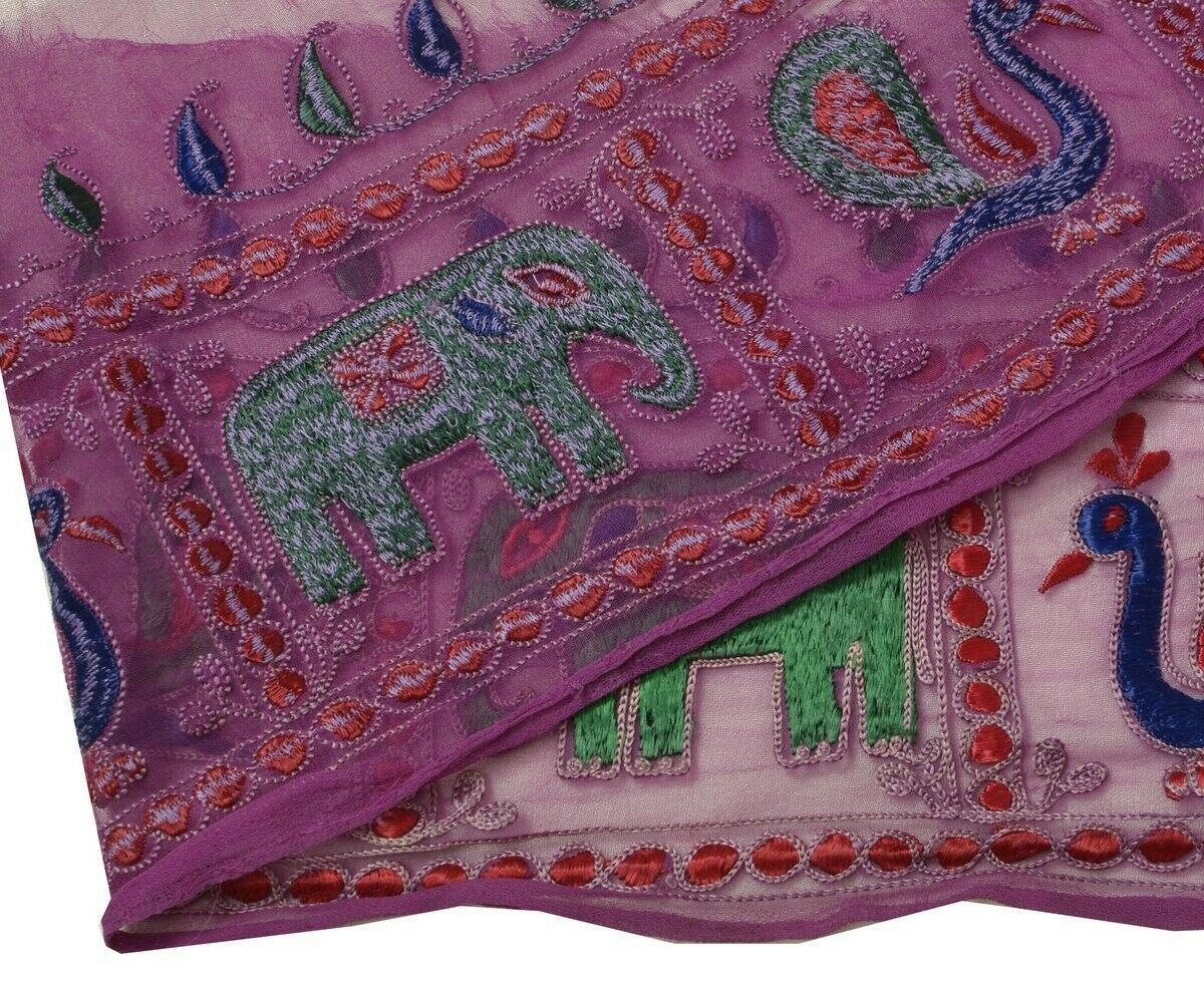 Vintage Sari Border Indian Craft Trim Peacock elephant Embroidered Lace Purple