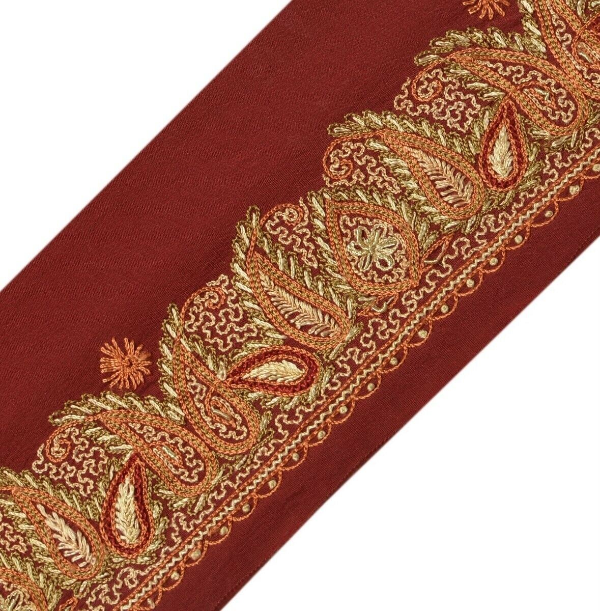 Vintage Sari Border Indian Craft Trim Hand Embroidered Beaded Ribbon Lace Maroon