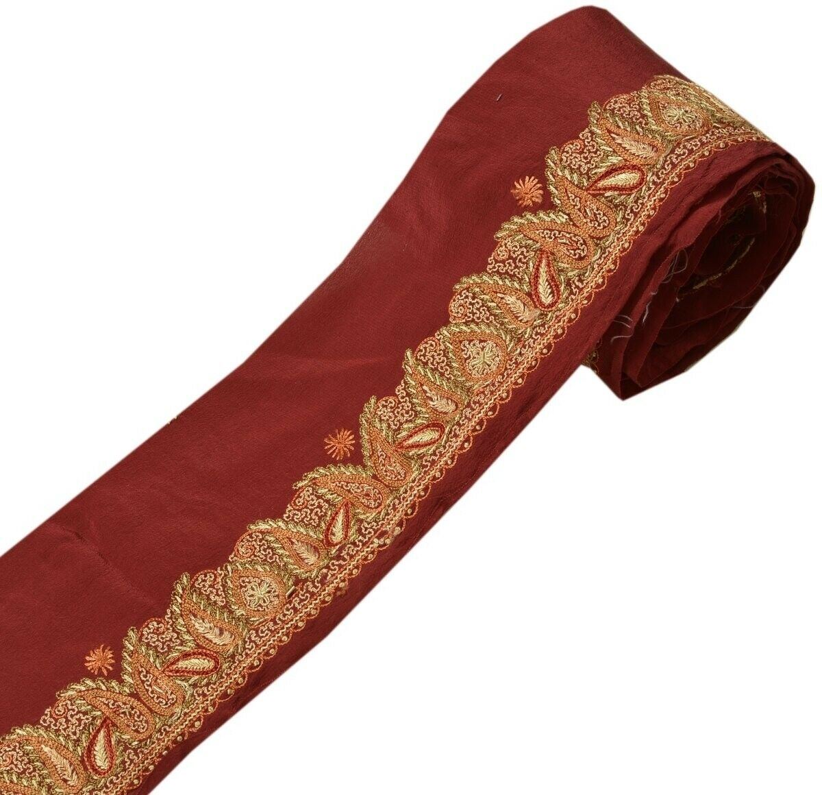 Vintage Sari Border Indian Craft Trim Hand Embroidered Beaded Ribbon Lace Maroon