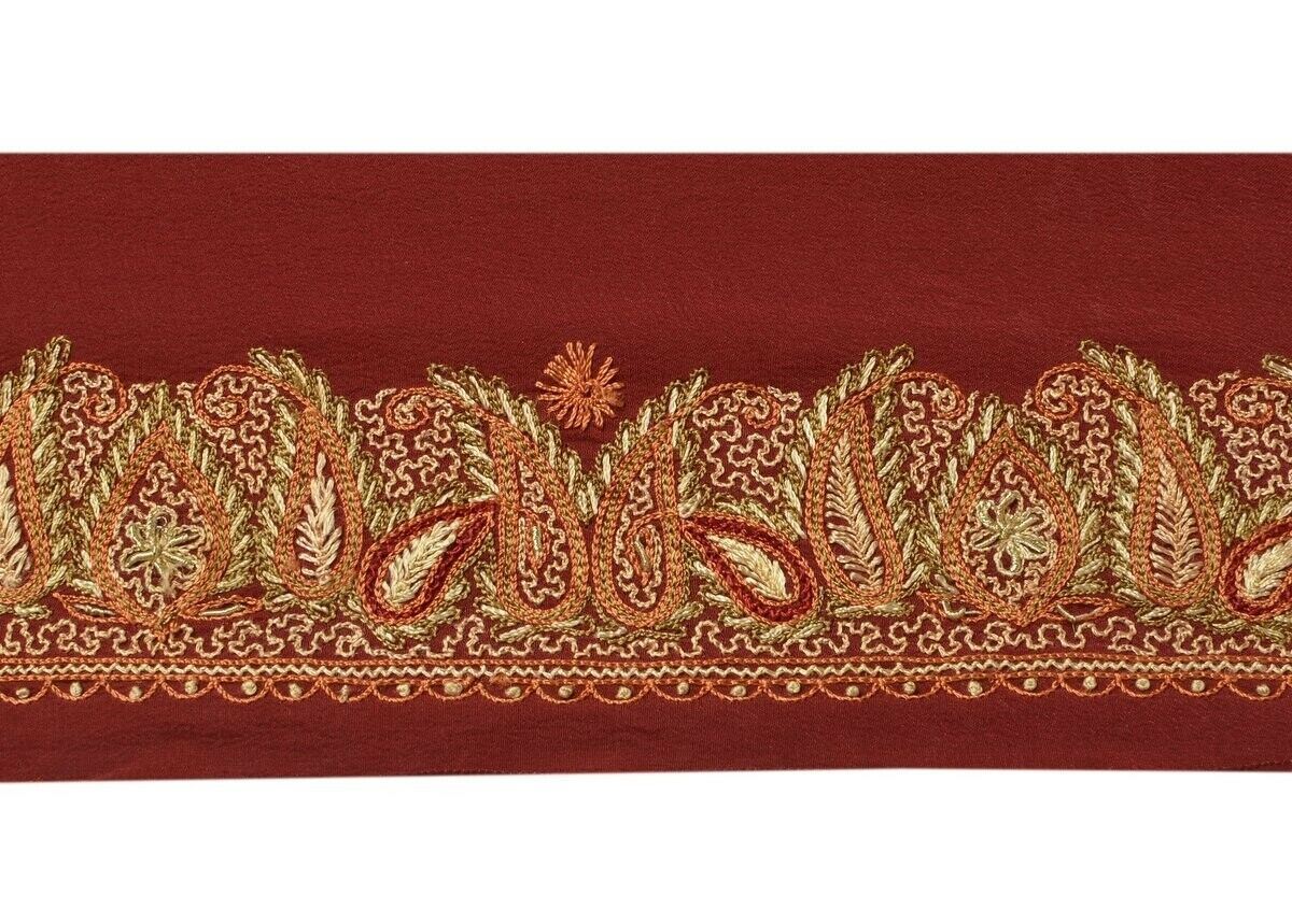 Vintage Sari Border Indian Craft Trim Hand Embroidered Beaded Ribbon Lace Maroon