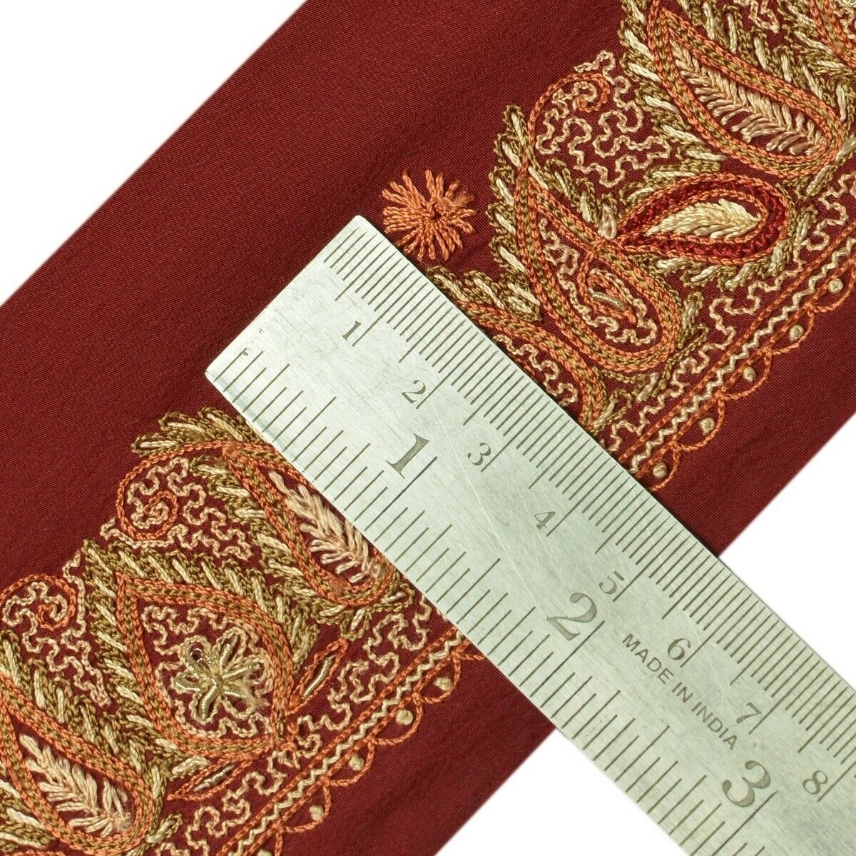 Vintage Sari Border Indian Craft Trim Hand Embroidered Beaded Ribbon Lace Maroon