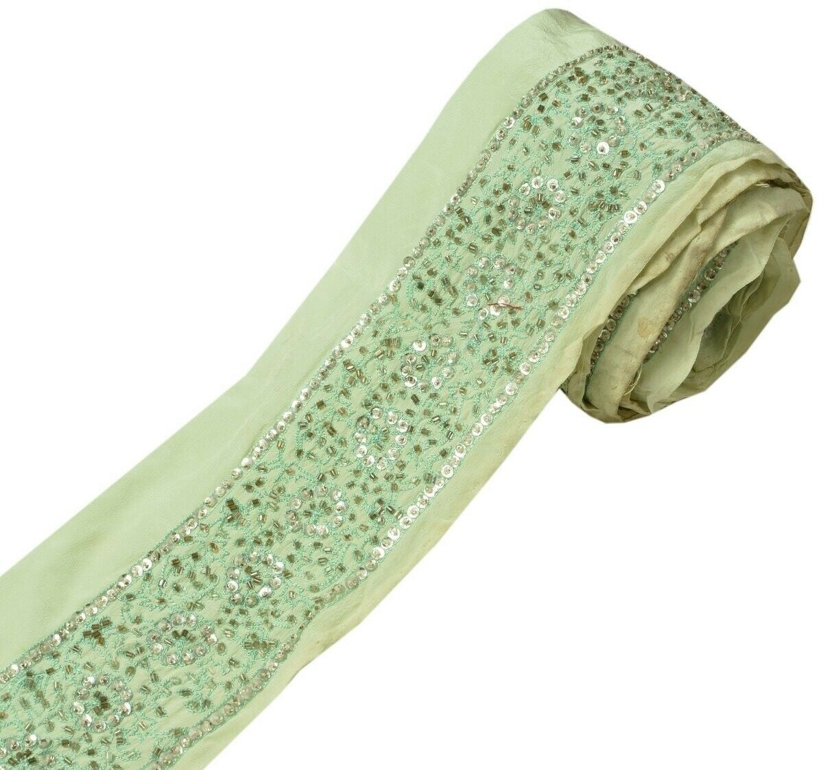 Vintage Sari Border Indian Craft Trim Hand Beaded Embroidered Ribbon Lace Green
