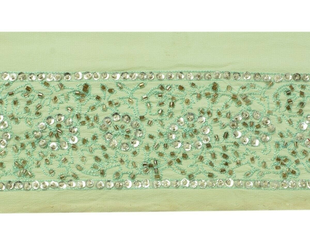 Vintage Sari Border Indian Craft Trim Hand Beaded Embroidered Ribbon Lace Green