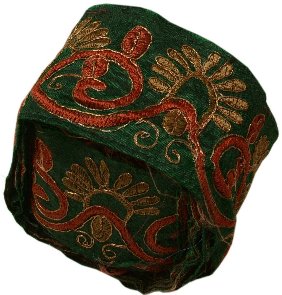 Vintage Sari Border Indian Craft Trim Embroidered Green Sewing Ribbon Lace